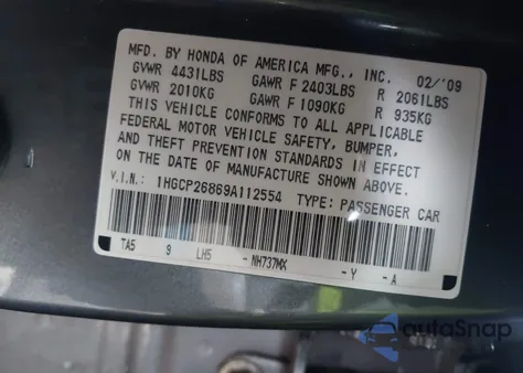 2009 Honda Accord 2.4 Ex-L из США, поврежденный, VIN 1HGCP26869A112554